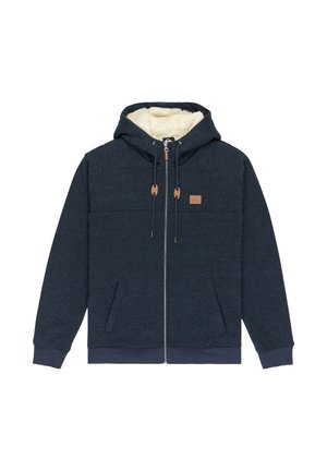 Marineblaues Zip-Hoodie mit cremefarbener Fleece-Innenseite, mit Lederakzenten versehene Kordeln, vordere Taschen und gerippte Bündchen sowie Saum.