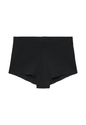 Mutandine stile boyshort in tessuto nero senza cuciture a coste, con una fascia in vita a bassa altezza e copertura corta delle gambe.
