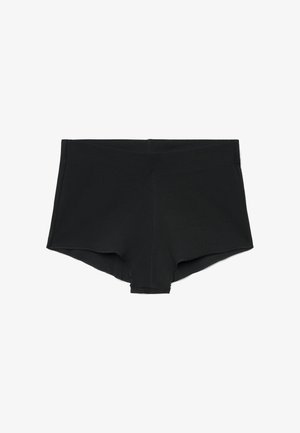Mutandine stile boyshort in tessuto nero senza cuciture a coste, con una fascia in vita a bassa altezza e copertura corta delle gambe.