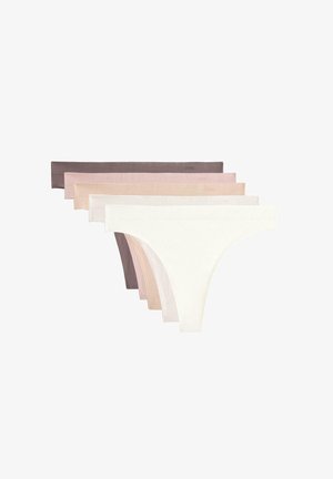 Set of six seamless thongs in various colors: dark brown, light brown, beige, light pink, pale pink, and white. Soft fabric, minimal design.