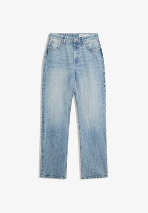 Lichtblauwe denim jeans met een rechte pijpdesign, twee voorkanten zakken en één achterzak. Versleten textuur en subtiele vervaging.