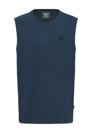 Maglietta senza maniche blu navy in cotone, con collo rotondo e un piccolo logo nero sul lato sinistro del petto. Texture liscia, taglio dritto.