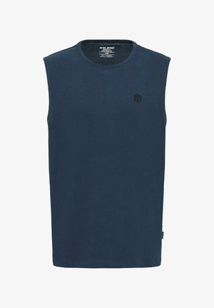 Navy blauwe mouwloze t-shirt van katoen, met een ronde hals en een klein zwart logo op de linkerkant van de borst. Soepele textuur, rechte snit.