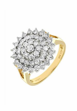 Goldring mit einem Cluster kleiner, runder, funkelnder Diamanten. Das Design weist eine blütenähnliche Form auf und hat ein poliertes Band für den Kontrast.