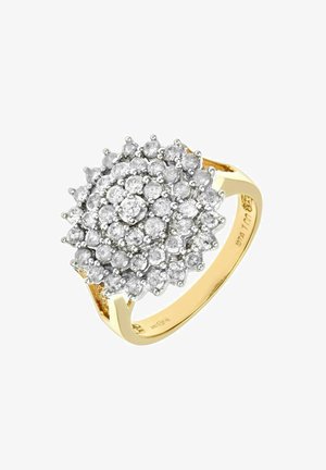 Aukso žiedas su mažų, apvalių, žybsinčių deimantų sklastumu. Dizainas pasižymi gėlių forma ir poliruotu juostos kontrastu.