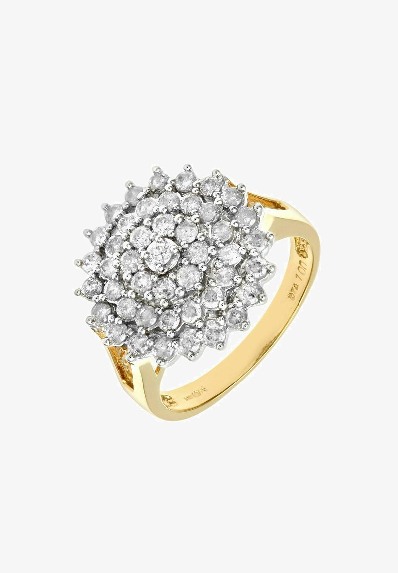 Zlatý prsteň s guľatým hromadením malých, trblietavých diamantov. Dizajn má tvar pripomínajúci kvet a lesklý prsteň pre kontrast.