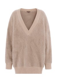 Lichtbeige, pluizige trui met een diepe V-hals en geribbelde afwerking bij de kraag en manchetten. Oversized, ontspannen pasvorm met een getextureerde stof.