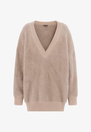 Hellbeiger, flauschiger Pullover mit tiefem V-Ausschnitt und geripptem Saum am Kragen und den Manschetten. Übergroße, entspannte Passform mit strukturierter Stoffqualität.