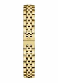 Bracciale in metallo dorato con un design a maglie, caratterizzato da una superficie lucida e una chiusura contrassegnata con un logo stilizzato "Gc".