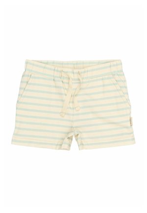Gestreepte shorts in lichtcrème met lichtblauwe strepen. Zachte stof, elastische tailleband met trekkoord, twee zijzakken.