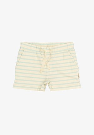 Gestreepte shorts in lichtcrème met lichtblauwe strepen. Zachte stof, elastische tailleband met trekkoord, twee zijzakken.