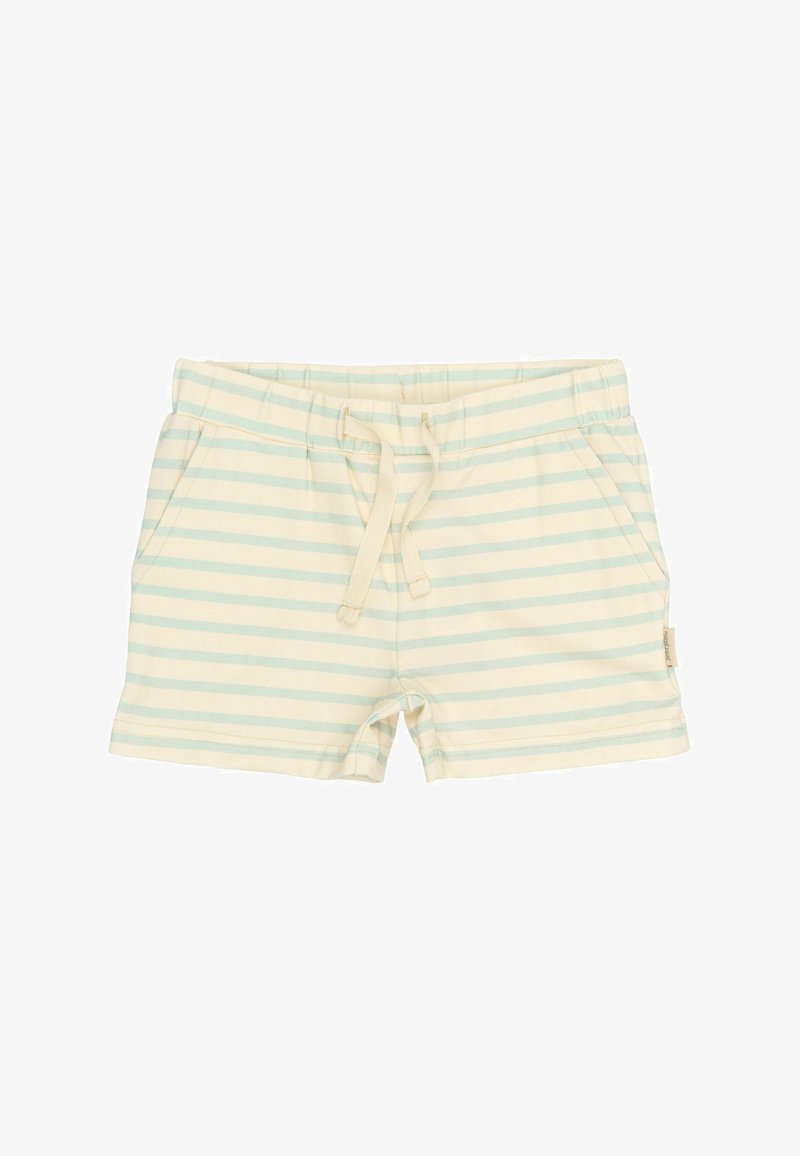 Shorts rayés en crème clair avec des rayures bleu pâle. Tissu doux, taille élastique avec cordon de serrage, deux poches latérales.