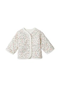 Gepatchte Babjacke in Creme mit pastellfarbenen Blumenmustern. Verfügt über lange Ärmel und ein Wickeldesign mit einer weichen, strukturierten Oberfläche.