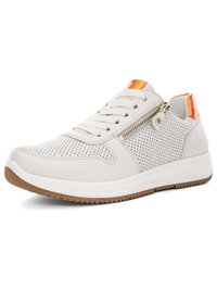 White perforated sneaker with white laces, side zipper, brown sole, and metallic orange accents on tongue and heel collar.