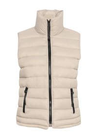 Beige donsvest met hoge kraag, ritssluiting aan de voorkant en twee zijzakken met zwarte ritsen. Heeft een doorgestikte textuur en een gewatteerd ontwerp.