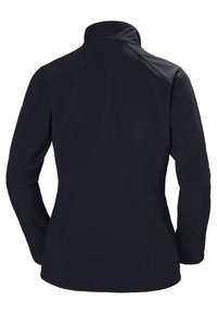 Chaqueta softshell negra, ajustada, con cuello alzado, de textura suave y sin herrajes visibles. Presenta un diseño contorneado con dobladillo recto.