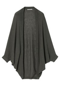 Donkergrijze, lichte cardigan met een losse pasvorm, open voorkant en driekwartmouwen; beschikt over een gladde, gestructureerde stof.