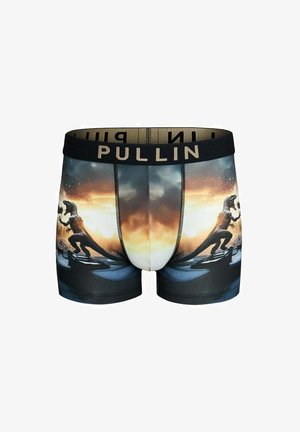 Boxer-briefs pour hommes, avec un design coloré de dinosaures sur fond de coucher de soleil, dotés d'une ceinture élastique noire portant l'inscription "PULLIN."