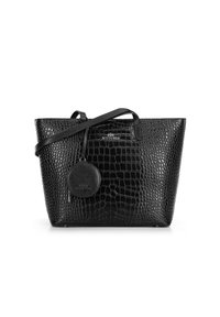 Czarna torba typu tote z faux krokodylej skóry o przestronnej budowie, gładkiej teksturze i okrągłym odpinanym portfelu na monety przypiętym paskiem.
