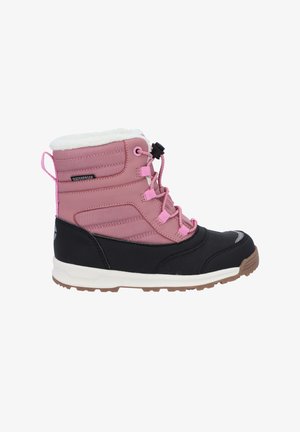 Rosa und schwarze wasserdichte Winterstiefel mit einem Kunstfellkragen, strukturiertem Obermaterial, Schnürung vorne und Gummisohle mit Profil.
