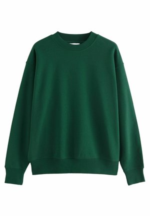 Dark green crewneck sweatshirt made from soft fabric, featuring a ribbed collar and cuffs, with a relaxed silhouette and no visible print.