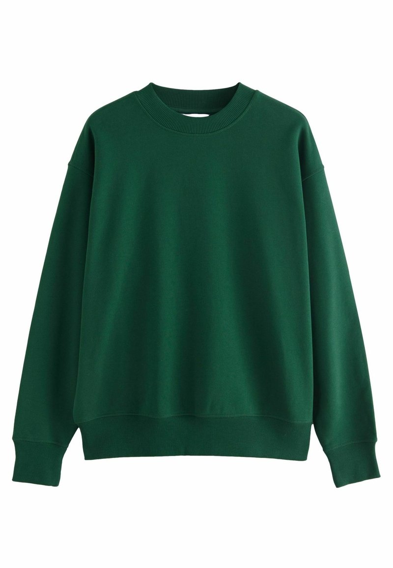 Donkergroene crewneck sweatshirt gemaakt van zacht materiaal, met een geribbelde kraag en manchetten, in een relaxte pasvorm en zonder zichtbare print.