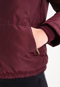 Chaqueta acolchada burdeos con un bolsillo lateral con herrajes dorados, textura acolchada y puños elásticos. Acabado suave y brillante.