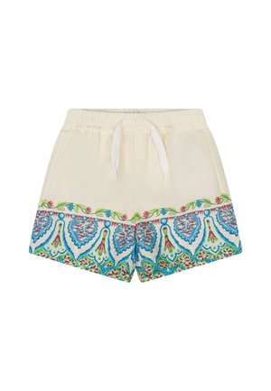 Pantalones cortos crema con cintura elástica y cordón blanco, con un patrón ornamental floral en azul, verde y rosa en la parte inferior.