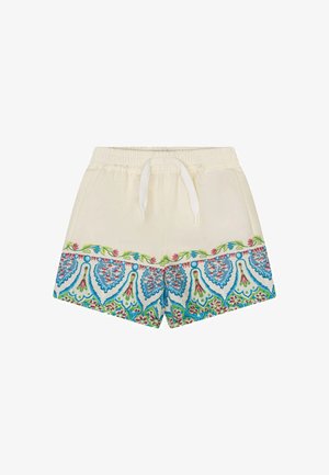 Pantalones cortos crema con cintura elástica y cordón blanco, con un patrón ornamental floral en azul, verde y rosa en la parte inferior.