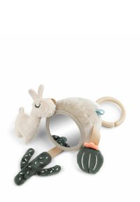 Soft plush mirror toy featuring a llama, cactus shapes in green and orange, with a beige round base and a sturdy handle for gripping.