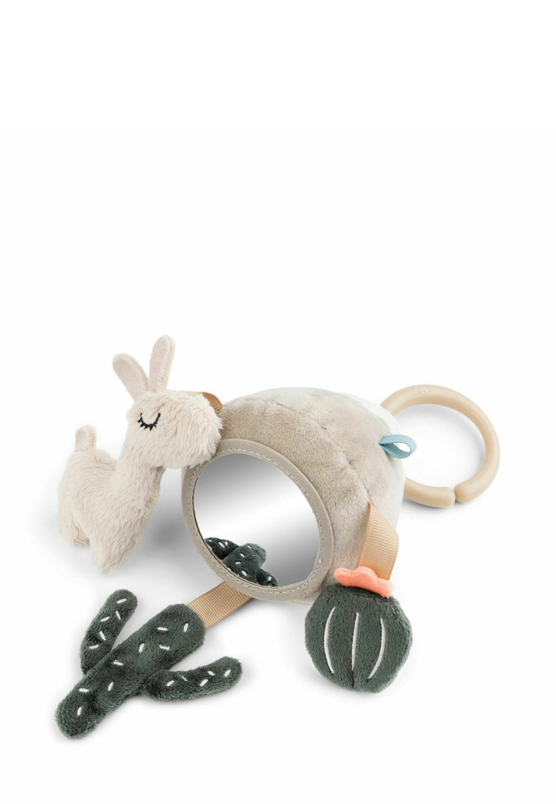 Soft plush mirror toy featuring a llama, cactus shapes in green and orange, with a beige round base and a sturdy handle for gripping.