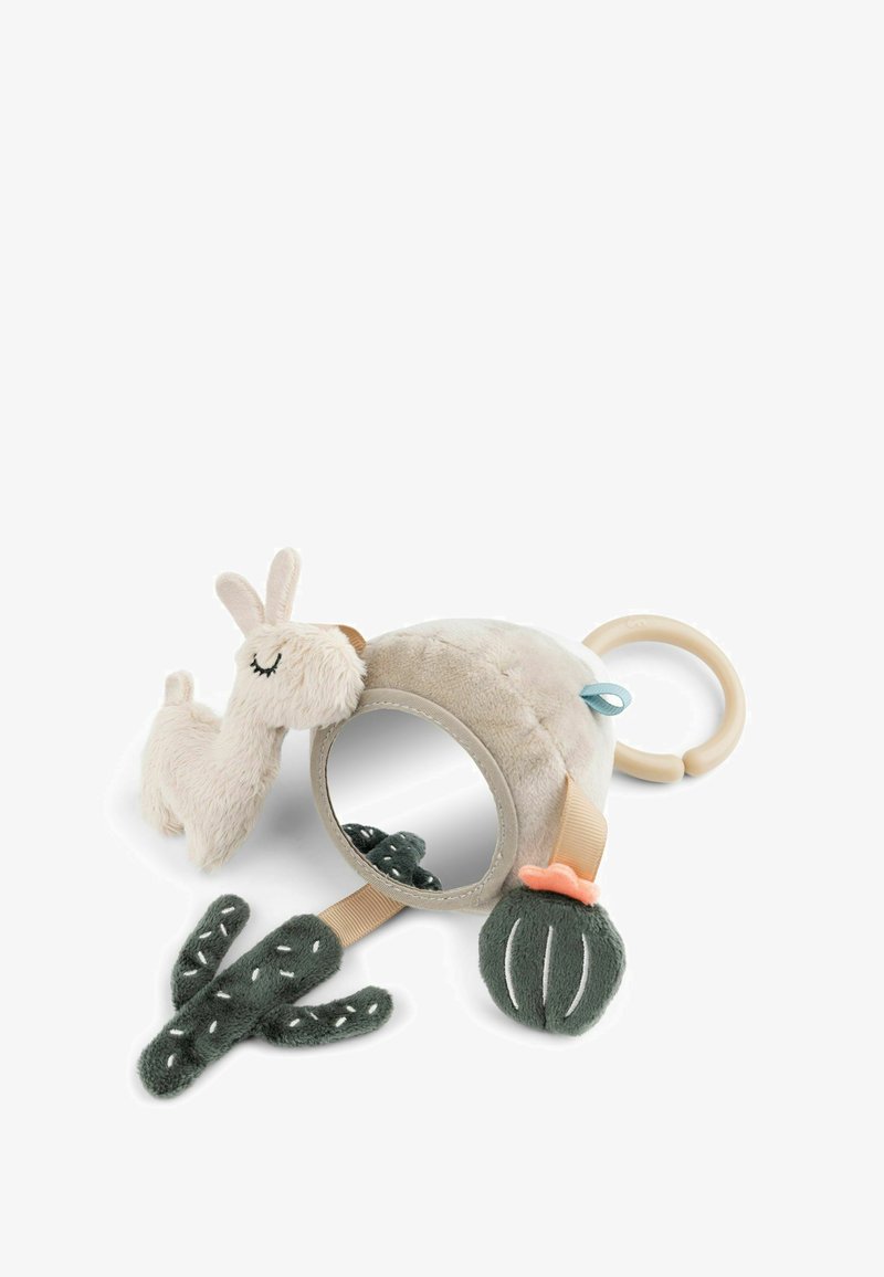 Soft plush mirror toy featuring a llama, cactus shapes in green and orange, with a beige round base and a sturdy handle for gripping.