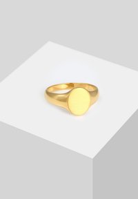 Gold-colored ring with a smooth, round brushed surface. Features a polished band and a solid circular face.