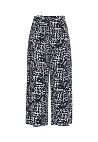 Wijdvallende broek met een zwart-wit abstract patroon, gemaakt van een lichtgewicht stof met een soepele textuur en een middelhoge tailleband.