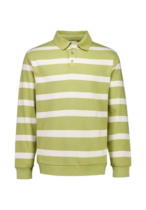 Groen-wit gestreept polo met lange mouwen, een klassieke kraag en een drieknopenbies. Gemaakt van zacht katoen.