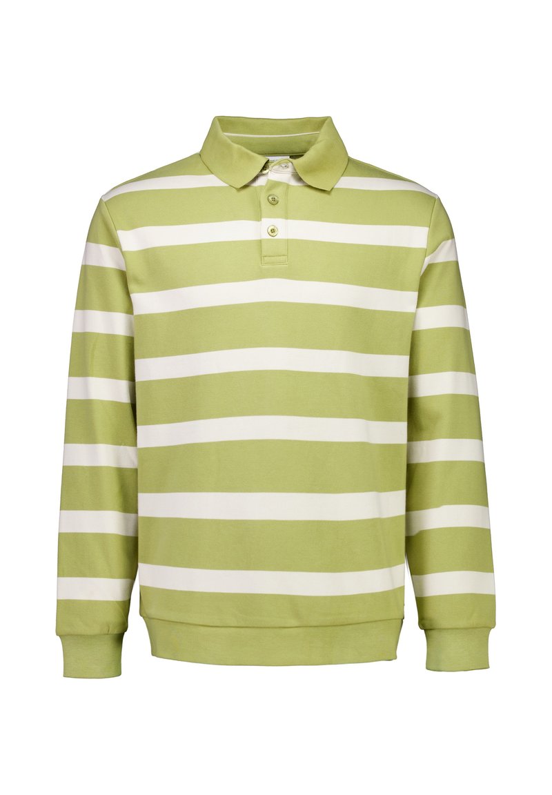 Zielono-biała, w paski, długorękawowa koszulka polo z klasycznym kołnierzykiem i plisą z trzema guzikami. Wykonana z miękkiego bawełnianego materiału.