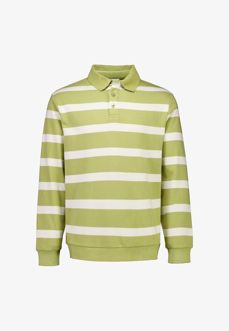 Zielono-biała, w paski, długorękawowa koszulka polo z klasycznym kołnierzykiem i plisą z trzema guzikami. Wykonana z miękkiego bawełnianego materiału.
