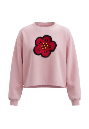 Pink langærmet sweatshirt med ribbet kant og en stor rød blomst lap med gule og sorte detaljer centreret foran.