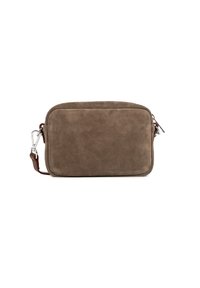 Borsa crossbody rettangolare in suede marrone con bordi arrotondati, zip superiore e tracolla in pelle marrone scuro staccabile con ganci in argento.
