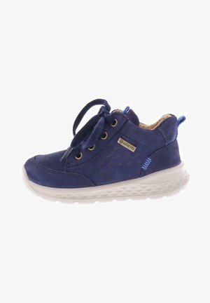 Blue suede lace-up shoe with perforated detailing, contrasting white sole, and GORE-TEX label. Rounded toe and padded collar.