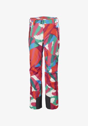 Pantalones de esquí coloridos con una mezcla de patrones abstractos en rojo, verde, azul y blanco. Fabricados con material duradero y con bolsillos laterales con cremallera.