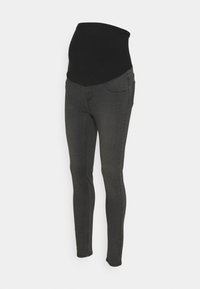 Jeans premaman in denim grigio scuro con una cintura elastica nera. Caratterizzati da gambe aderenti e due tasche anteriori. Tessuto liscio e materiale elasticizzato.