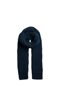 Sciarpa lavorata a maglia blu navy con un design testurizzato, caratterizzata da una forma attorcigliata e estremità a coste per un tocco di dettaglio e calore.
