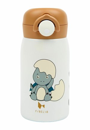 Hvid drikkeflaske til børn med brunt låg og knap, med en sød tegneserie baby-dinosaur, der bryder ud af et æg.