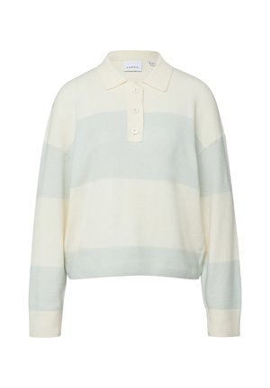 Kremowo-niebieski, paskowany, długi rękaw polo typu sweter z trzema guzikami oraz ściągaczami przy mankietach i u dołu.