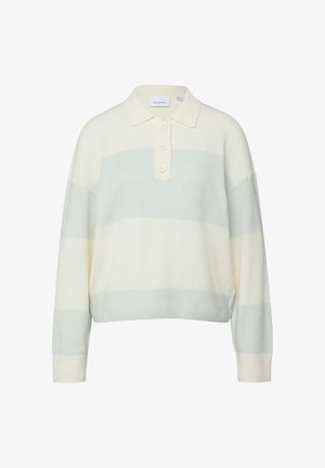 Kremowo-niebieski, paskowany, długi rękaw polo typu sweter z trzema guzikami oraz ściągaczami przy mankietach i u dołu.
