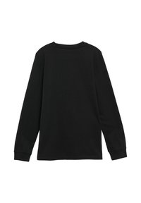 Zwarte lange mouwen t-shirt van katoen. Heeft een ronde halslijn en ribgebreide manchetten. Gladde textuur, geen zichtbare patronen of accenten.
