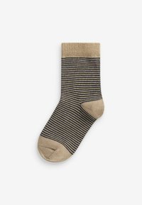 Gestreifte Socke in Beige und Dunkelblau. Hergestellt aus weichem Material mit einem gerippten Bund, ausgestattet mit gleichmäßigen horizontalen Streifen und einer verstärkten Zehenpartie.