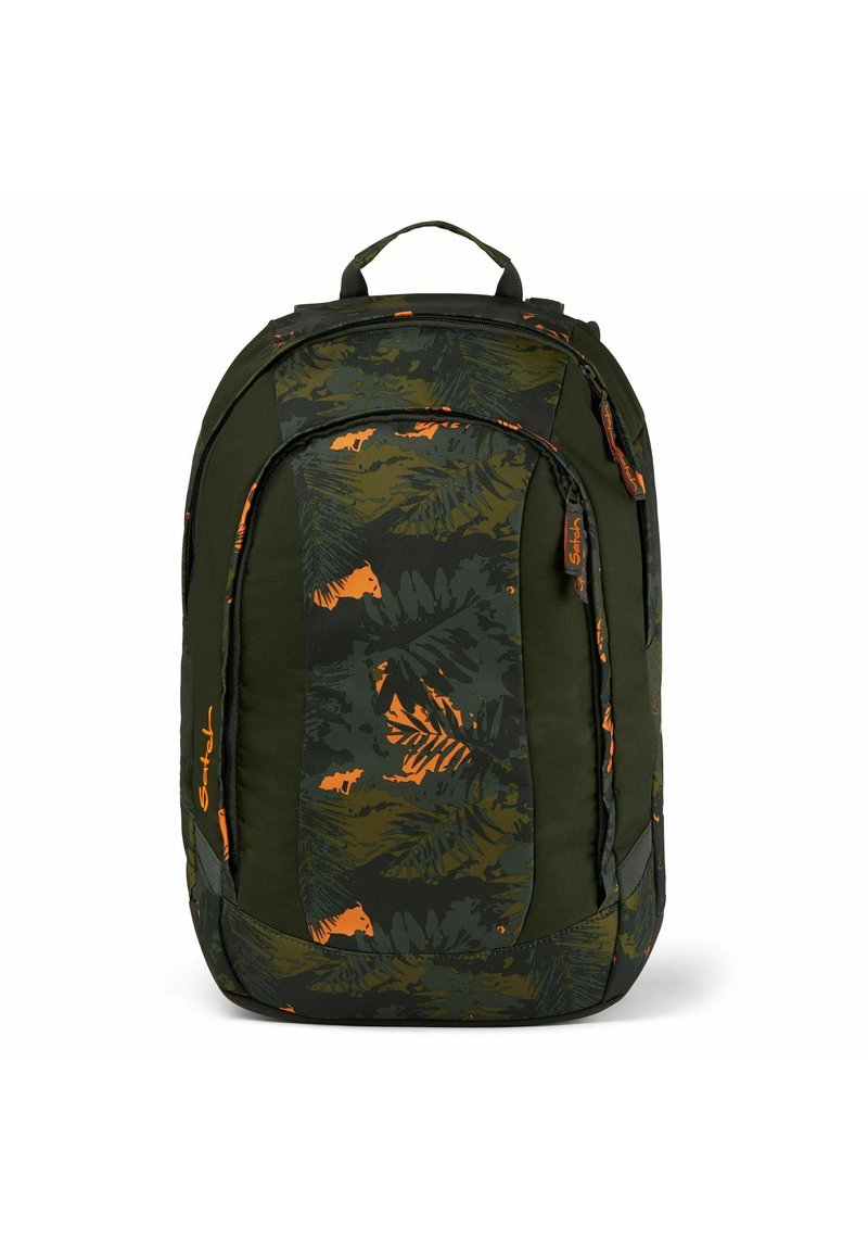 Grüner Rucksack mit orangefarbenem Blattmuster, ausgestattet mit gepolsterten Riemen, zwei Reißverschlussfächern und einem oberen Traggriff. Glatte Textur.