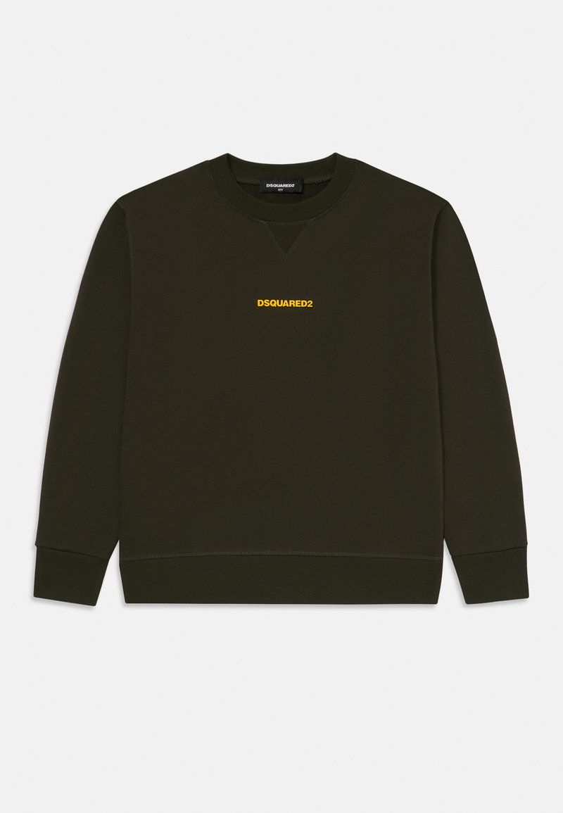 Felpa verde oliva realizzata in cotone morbido, caratterizzata da un collo tondo e polsini a costine. Sul davanti è presente un logo giallo "DSQUARED2".